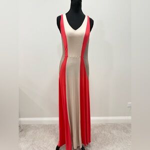 Monteau Cream and Red Sheath Maxi Dress V-Neck Sleeveless